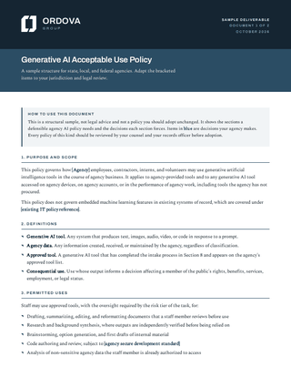 First page of the Generative AI Acceptable Use Policy sample, showing the Ordova Group masthead, the title, and the opening sections.