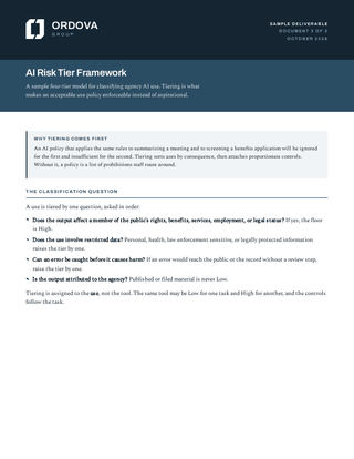 First page of the AI Risk Tier Framework sample, showing the Ordova Group masthead, the title, and the opening sections.